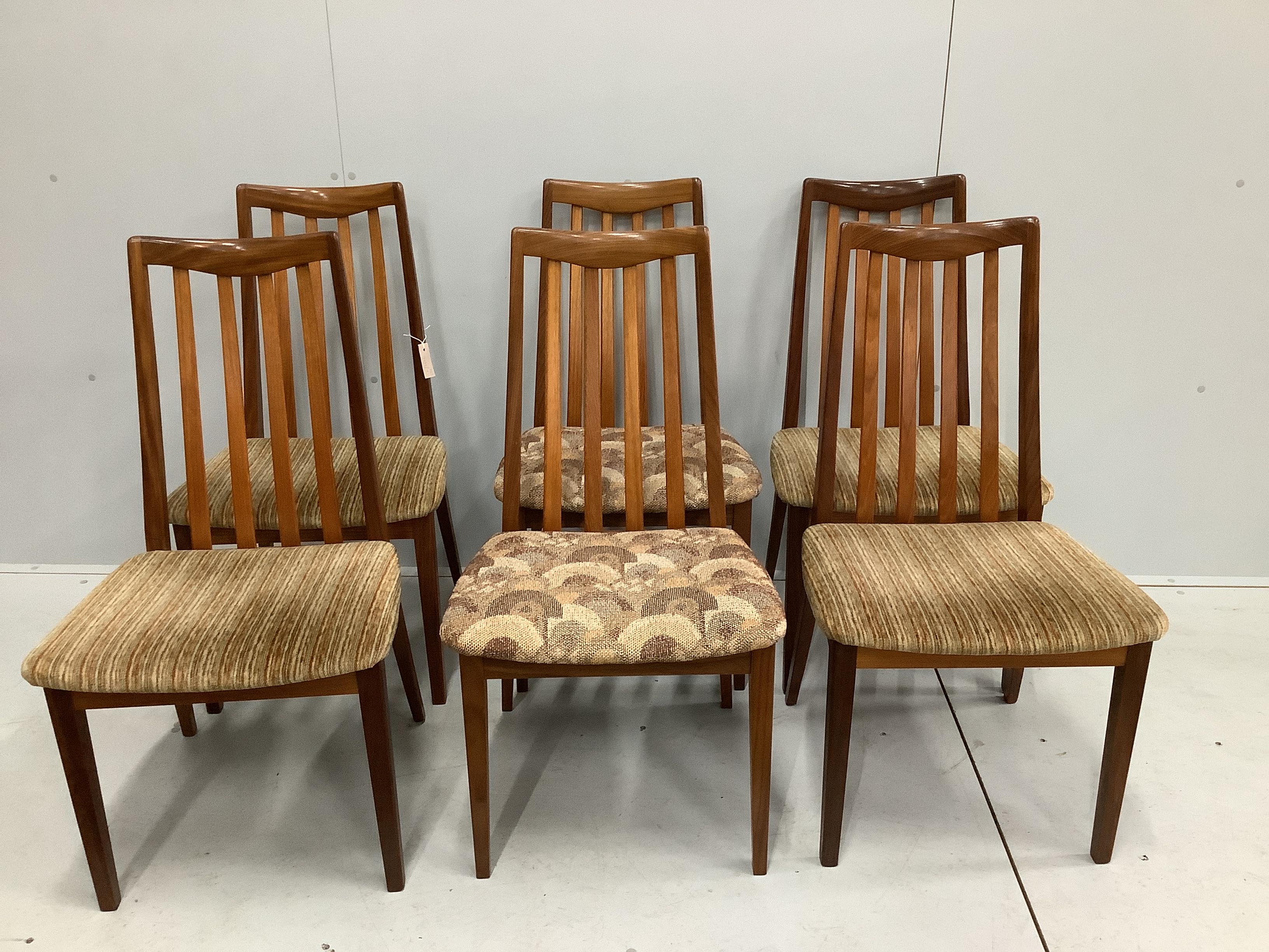 A set of six mid century G Plan Fresco teak dining chairs, width 48cm, depth 43cm, height 91cm
